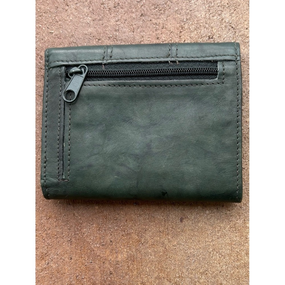 Genuine Leather Dark Green Tri-Fold Wallet Multi Card Organizer Zip Coin Pocket - Picture 3 of 5
